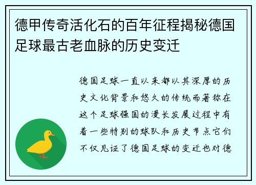 德甲传奇活化石的百年征程揭秘德国足球最古老血脉的历史变迁