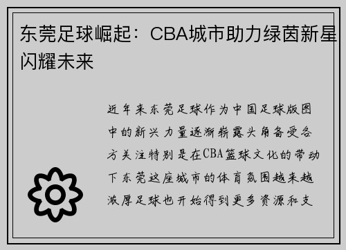 东莞足球崛起：CBA城市助力绿茵新星闪耀未来